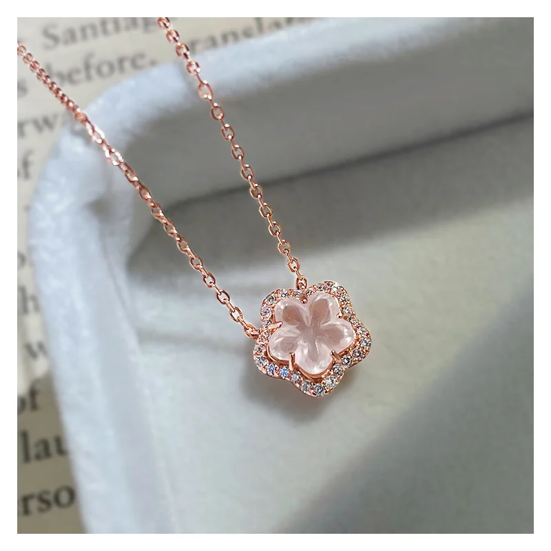 One Piece Fashion Exquisite Flower Sakura Peach Blossom Inlaid Zircon Copper Pink Colour Pendant Necklace Woman Party Daily Gift