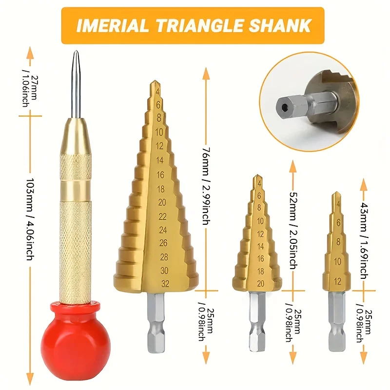 

High Speed Steel Drill Bit Set with Step Drill, Center Punch, Wood Drill, Countersink & Plug Cutter, Multi-Purpose for Metal