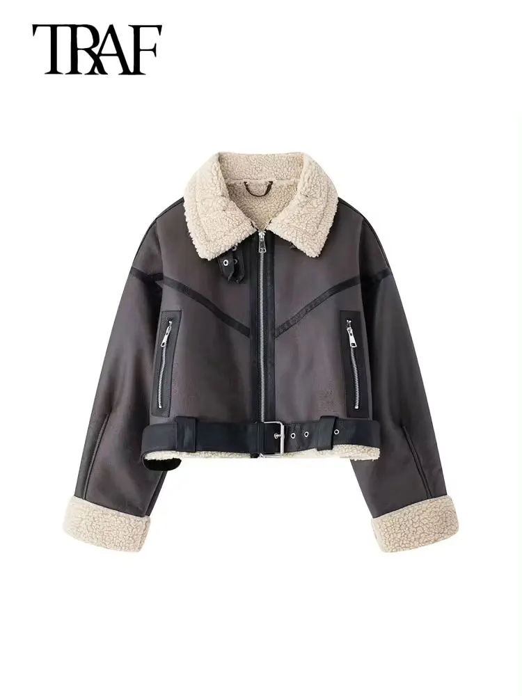 TRAF Winter Women Fashion With Belt Suede Lamb Leather Jacket Coats Faux Shearling Sheepskin Leather Outerwear Chic Tops