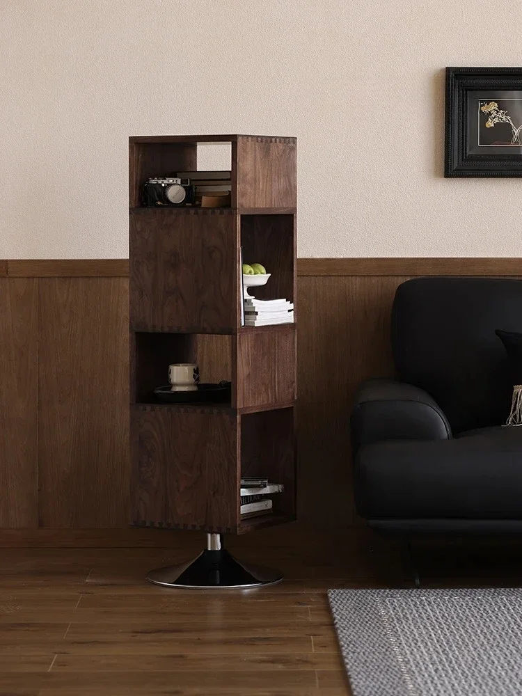 Rotating Side Cabinet Nordic Simple Solid Wood Storage Bookcase Black Walnut Wooden Sofa Magazine Cabinet