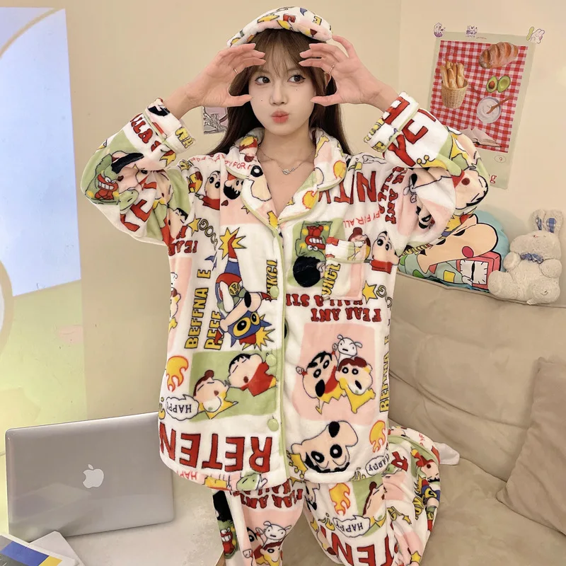 Crayon nuevo pijamas de franela para mujer Otoño Invierno grueso cálido traje para casa dibujos animados lindo estampado cárdigan de manga larga camisones