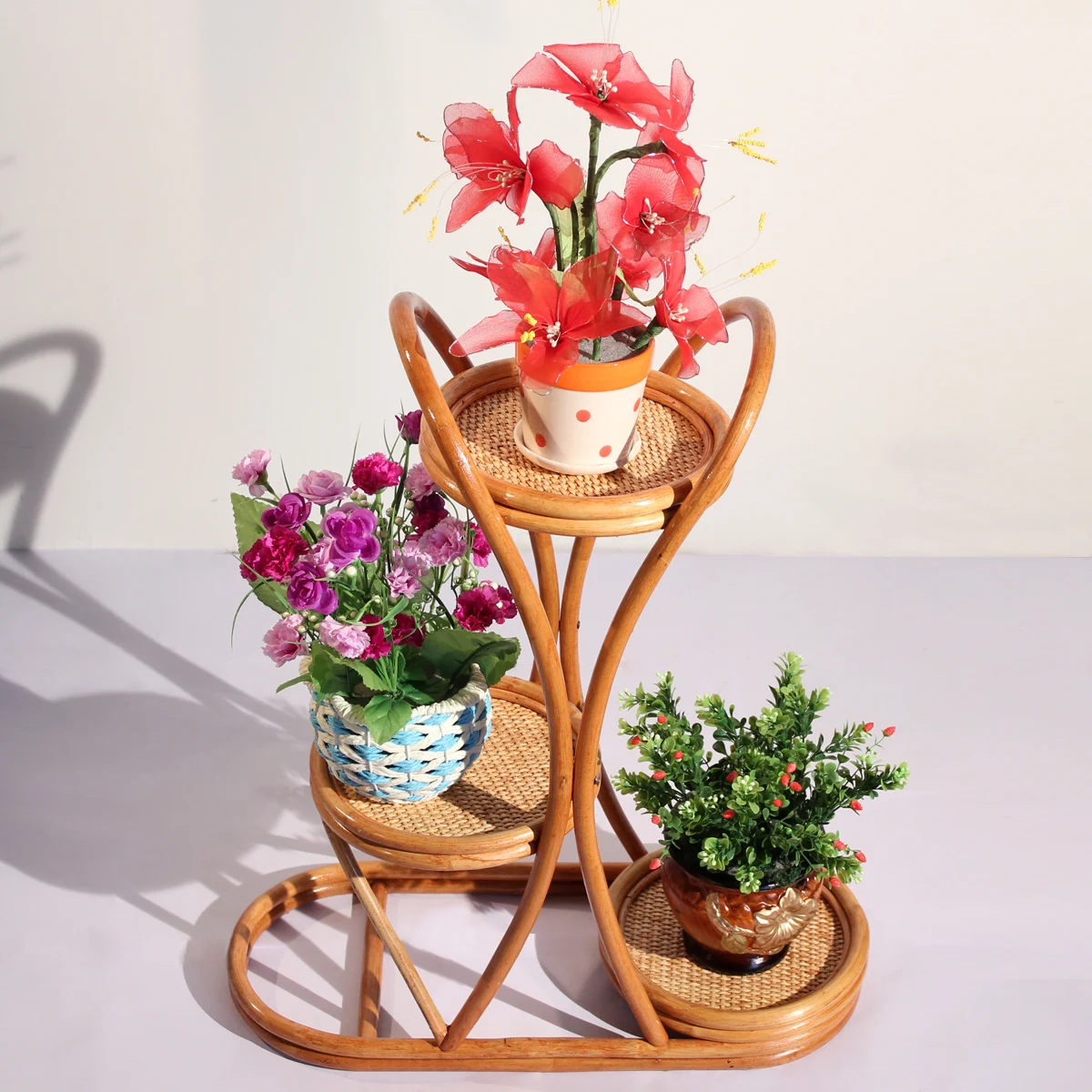 Vine art handmade rattan flower rack home decoration, solid wood flower rack, simple three-layer flower rack,