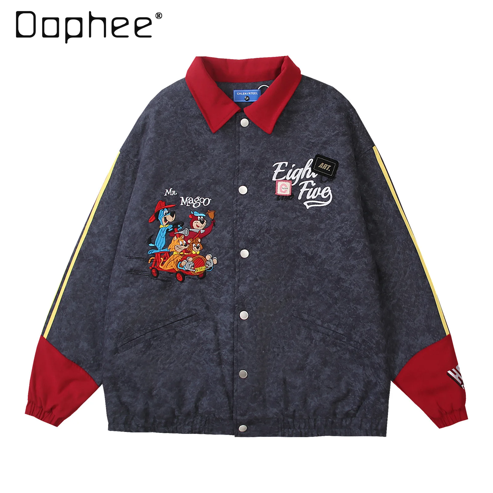 

American Retro Splicing Contrasting Color Cartoon Embroidered Lapel Jacket 2024 Men's and Women's Winter Couple Cotton Jacket