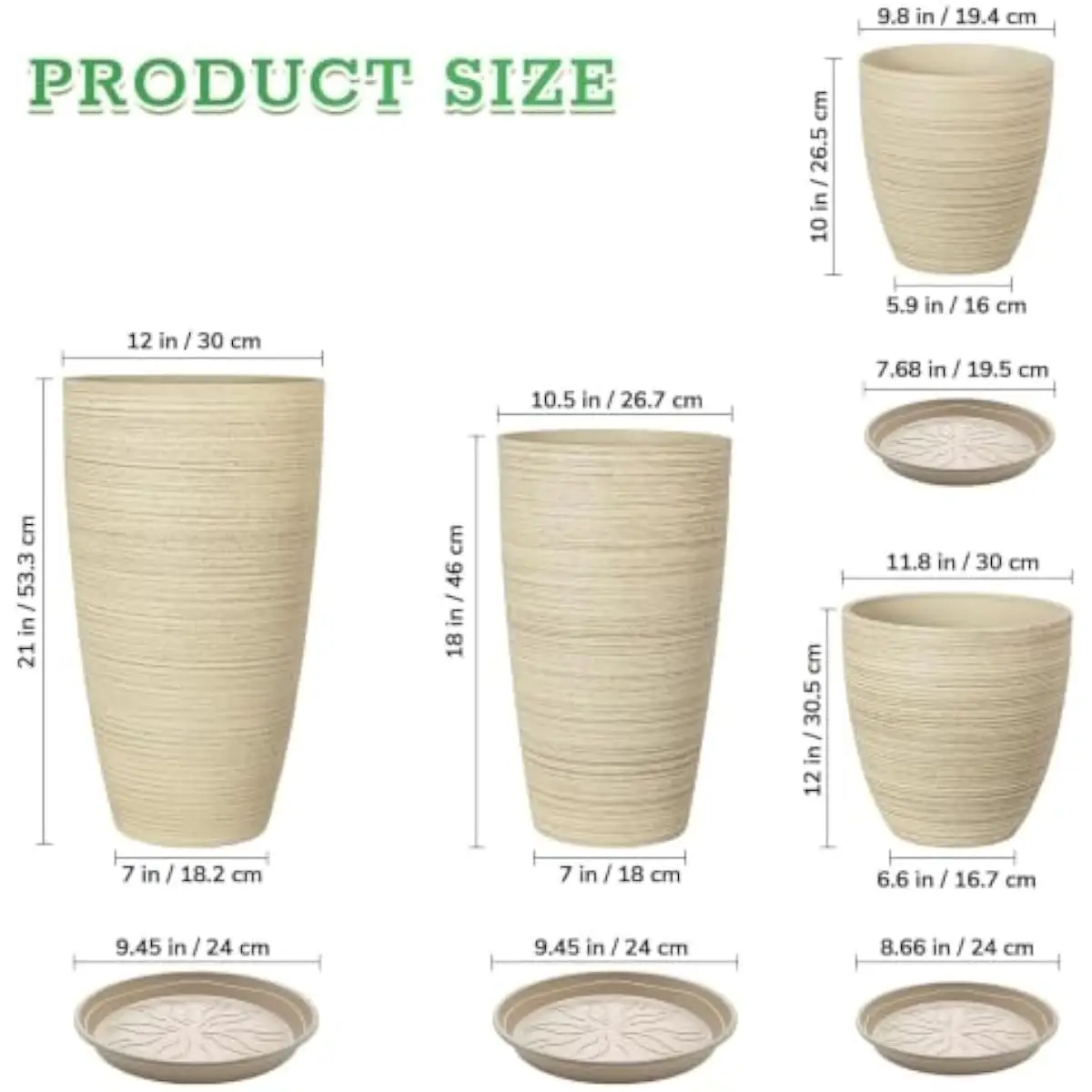 4 tall lightweight plastic planters in beige stone texture—21 18 12 and 10 inches—with integrated drainage holes and matching sa