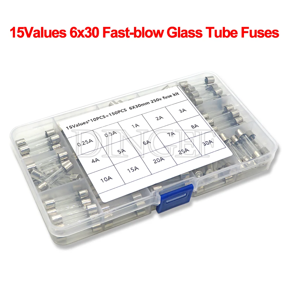 150PCS 15Values 6*30 Glass Tube Fuses Car Glass Tube Fuses Assorted Kit 6X30 with Box fusiveis 0.1A-30A Household Fuses