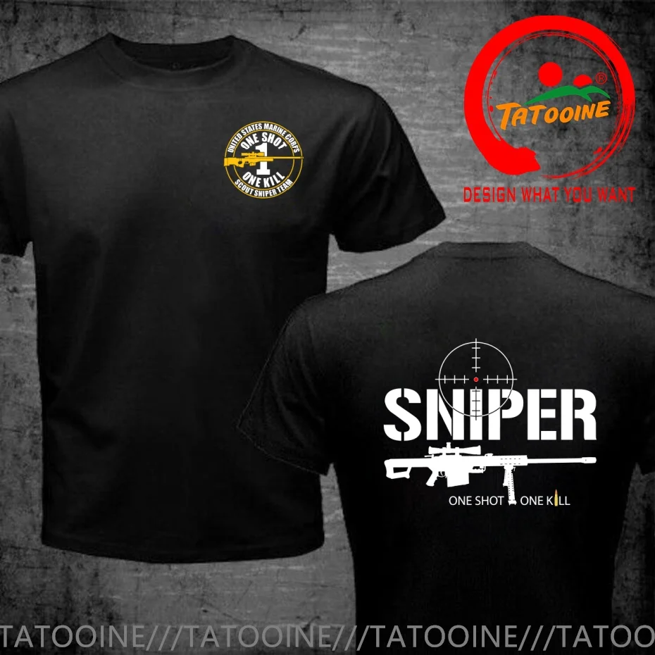 Funny Design Sniper Accuracy One Shot One Kill Long Range Army   Shirt Men Fashion Trendy Casual Clothing Stylish Tops Tee Shirt