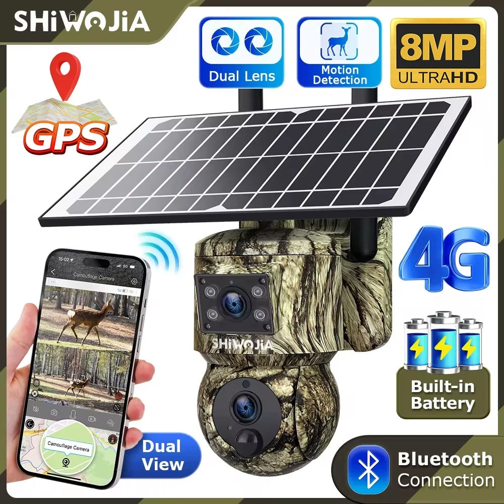 

SHIWOJIA 3K 6MP 4G Solar Camera with GPS Outdoor 360° Trail Hunting Security Cameras Night Vision PIR Human Detection Video Cam