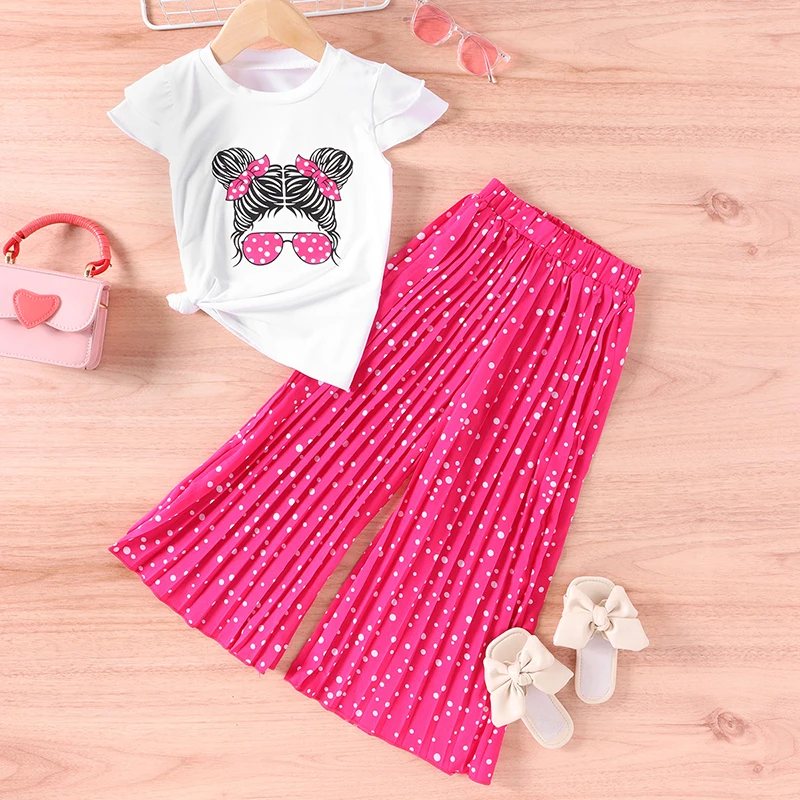 2 3 4 5 6 7 Years Summer Girls Clothing Sets New Cotton Fashion Short Sleeved+Wide Leg Pants Casual Two Piece Set Kids Clothes