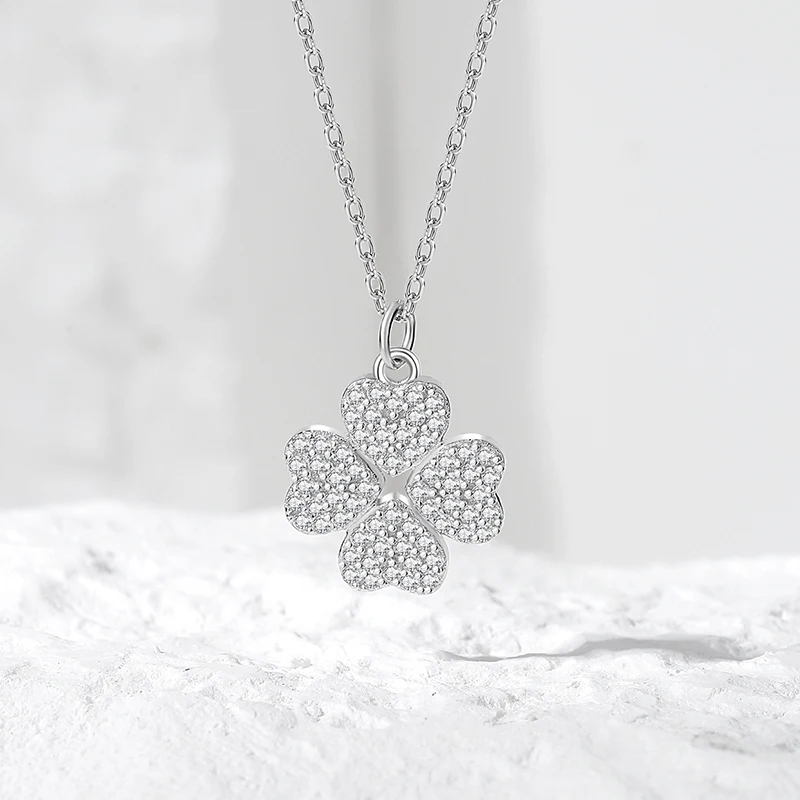 S925 Sterling Silver Full Diamond Heart Clover Necklace For Women Comfortable 45cm Chain Zircon Sweet Pendant Fine Jewelry Gift