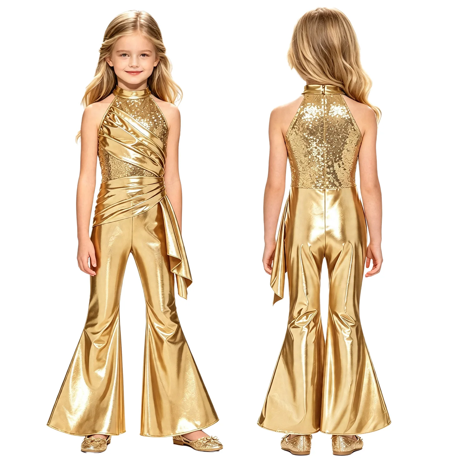 Kids Girls Metallic Shiny 70s Disco Jumpsuit Jazz Dance Costume Wedding Birthday Pageant Prom School Party Halloween Bodysuit - view 3