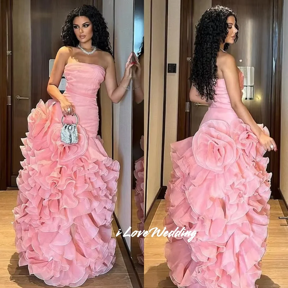 Pink Strapless Ruffles Evening Dress Sleeveless A-Line Multi-Layered 3D Flower Floor-Length Wedding Party Dress Pleated Customiz