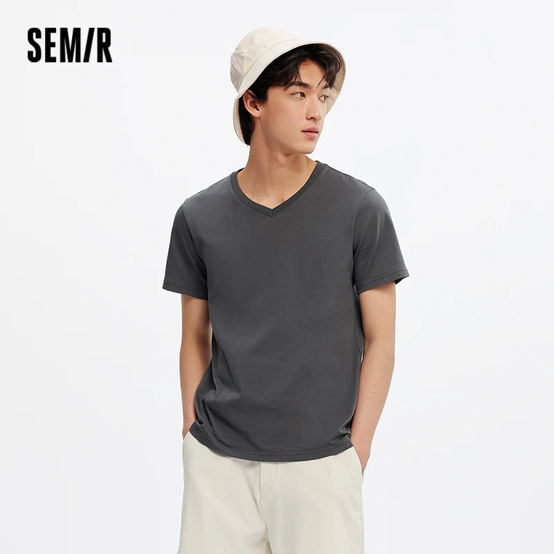 Semir Short Sleeve T-Shirt Men Slim Fit Solid Color Base Layer Cotton 2025 New Summer V Neck White T-Shirt Versatile Top