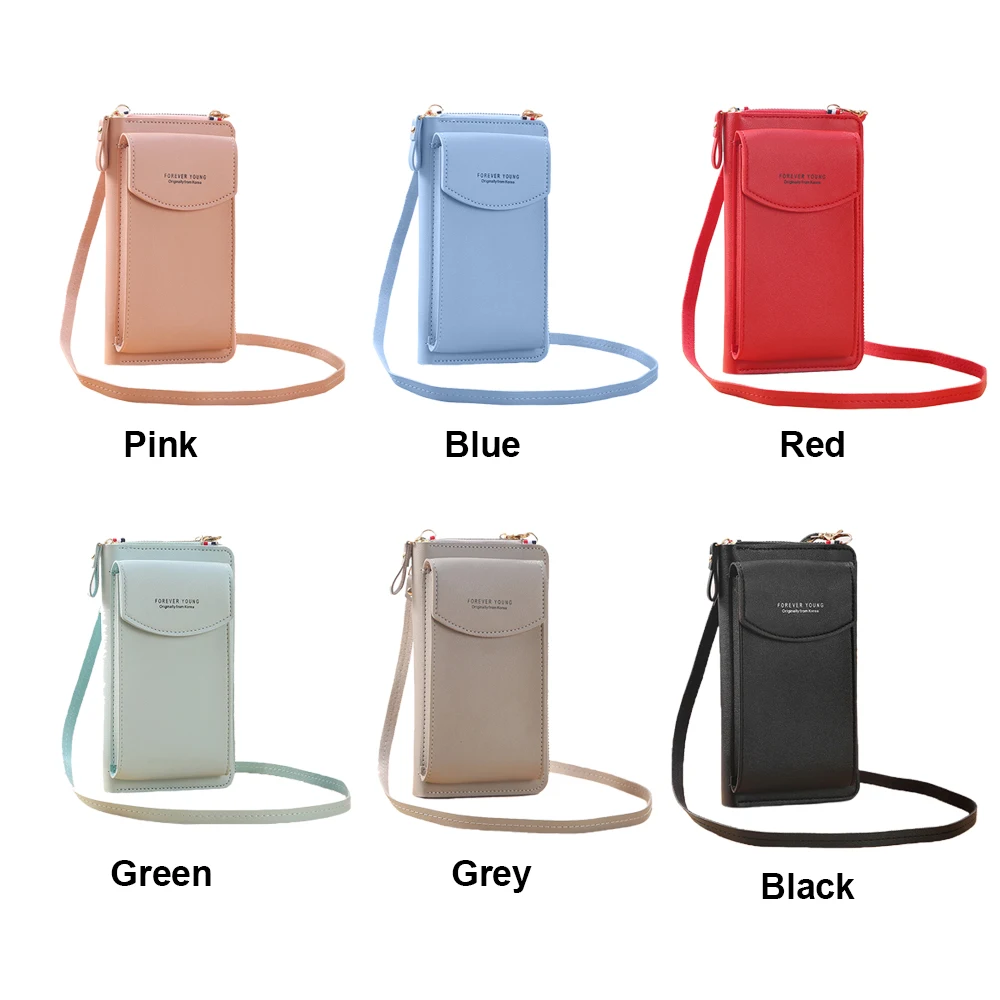 Women Purses Solid Color Leather Shoulder Strap Bag Mobile Phone Big Card Holders Wallet Handbag Pockets for Girls