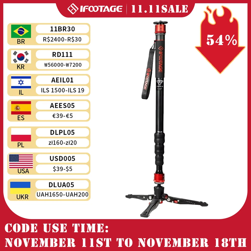 IFOOTAGE Cobra 3 A180T,Camera Monopod,Aluminum Professional Video Monopod with Tripod Base,Suitable for SLR Cameras and Camcorde