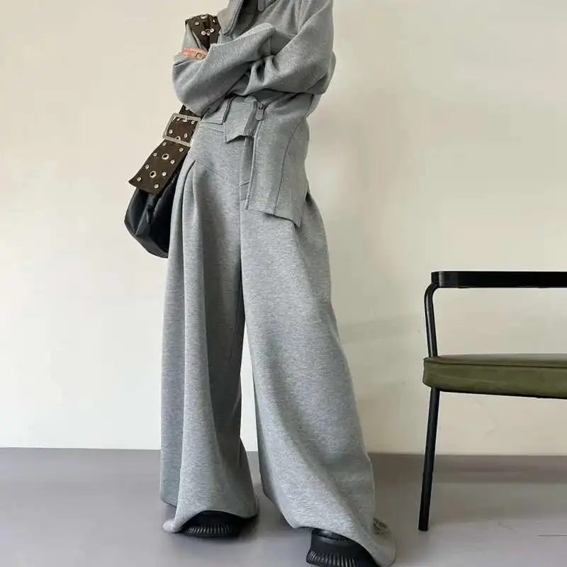 BJTZ عادية غير النظامية 2 قطعة مجموعة المرأة 2025 ربيع الخريف العصرية الوقوف طوق سستة تصميم مقنعين عالية الخصر بنطال ذو قصة أرجل واسعة