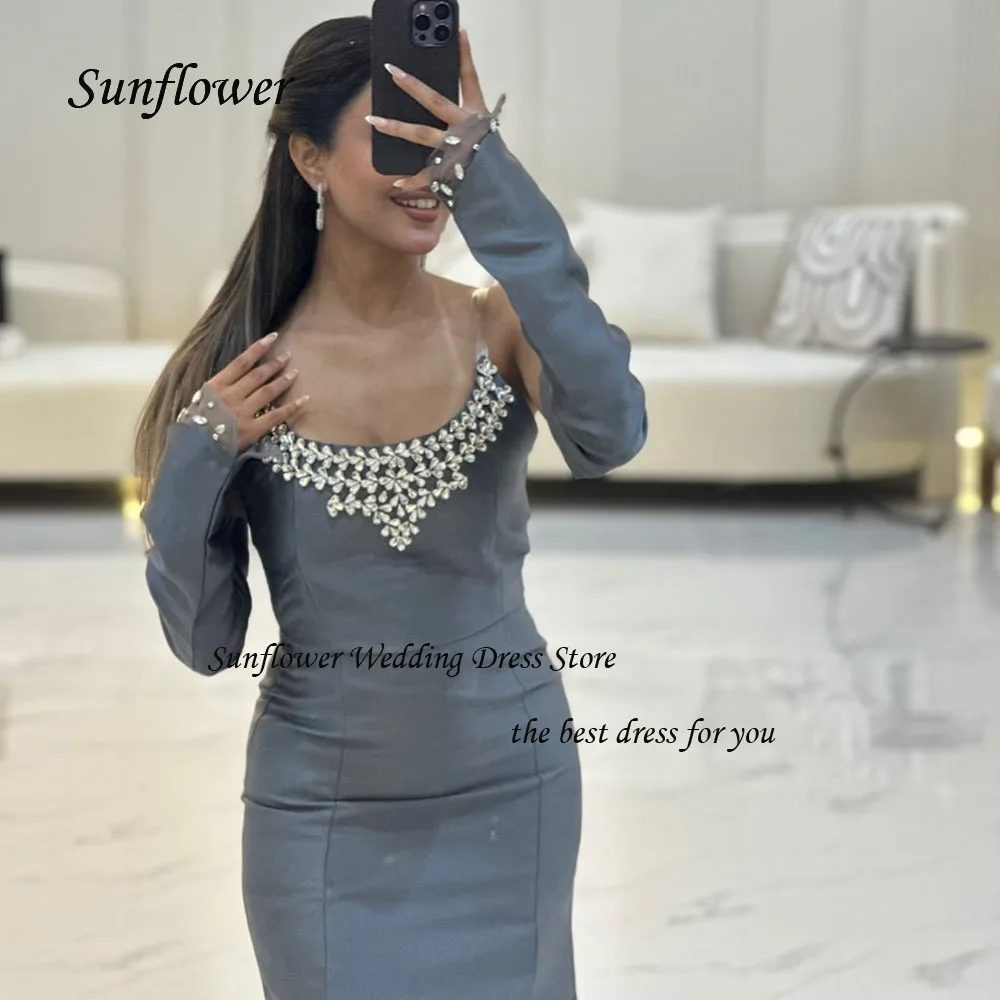 Sunflower Simple Grey O-Neck Beading Mermaid 2024 Slim Satin Long Ocassion Gown Ankle-Length Formal Evening Dress Party Dress