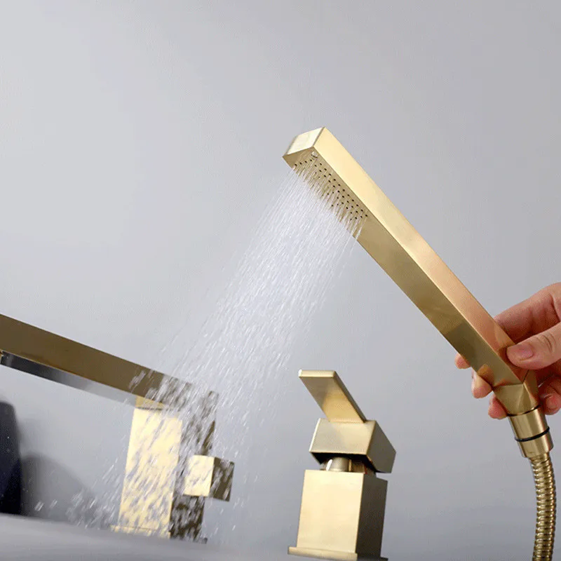 Tuqiu Brushed Gold Bathtub Faucet Widespread Tub Sink Mixer Tap black Brass Bathroom Bath Shower Faucet with Hand shower Head