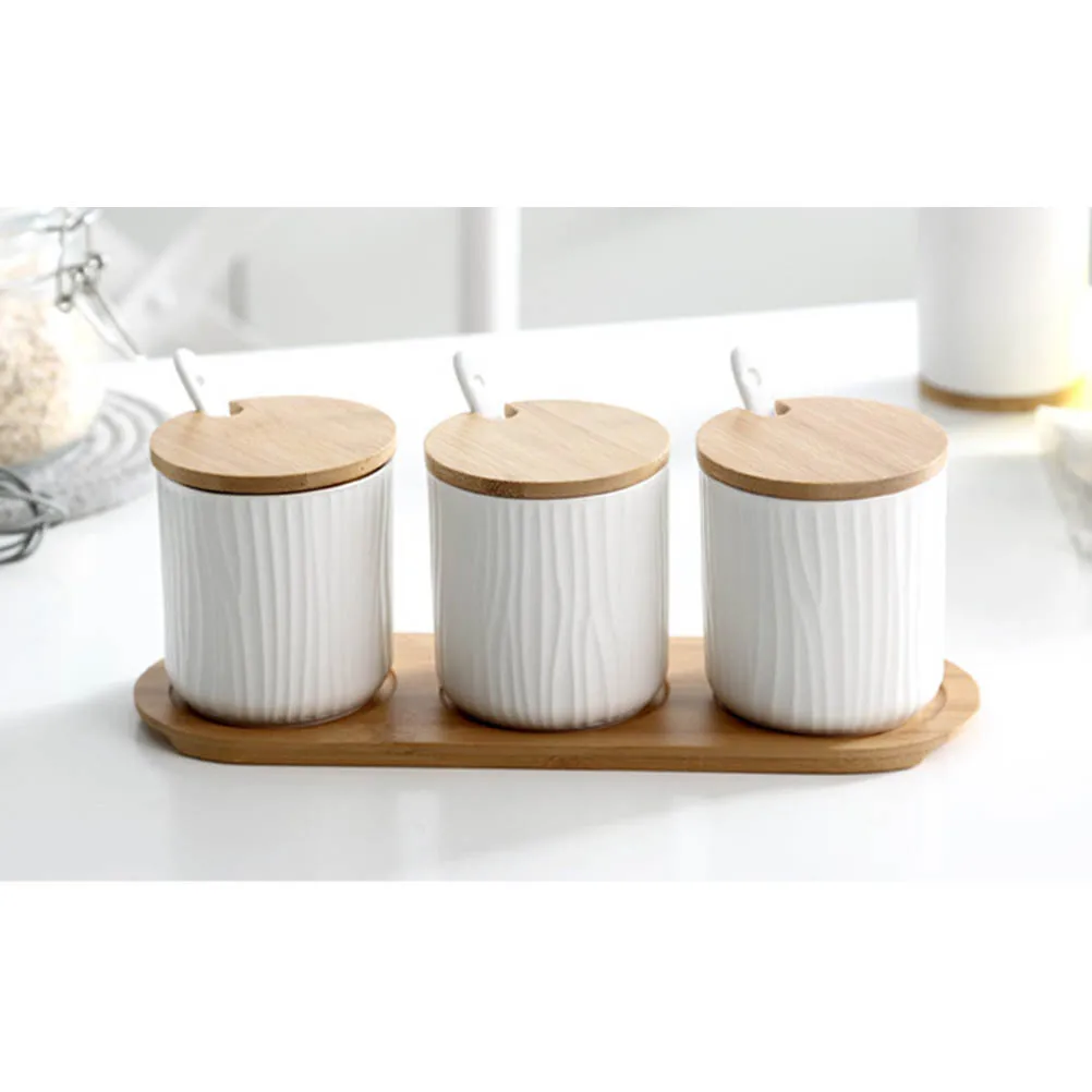

Round Ceramic Spice Jar Sugar Can Food Storage Container Removable Bamboo Lid Spoon Kitchen Seasoning Container Condiment Jar