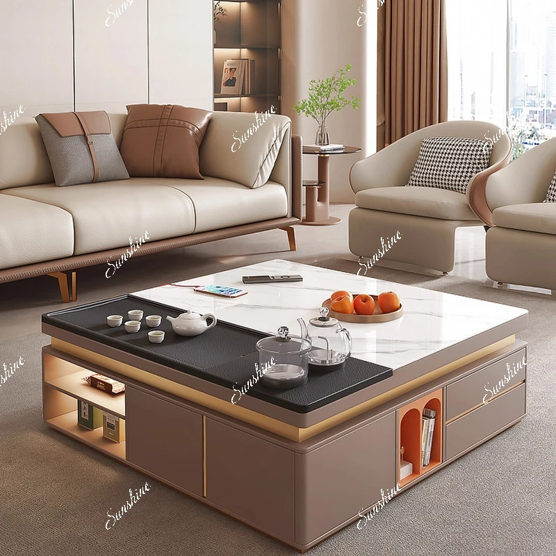 

Square rock slab coffee table living room household large apartment light luxury modern high-end TV cabinet combination