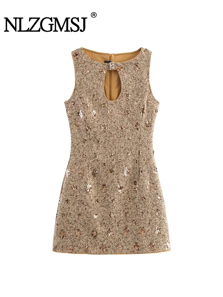 Nlzjmsj 2023 Herbst Neue Mode Pailletten Oansatz Kleider Frauen Ärmelloses Kleid Sexy Party Stil Casual Kleider