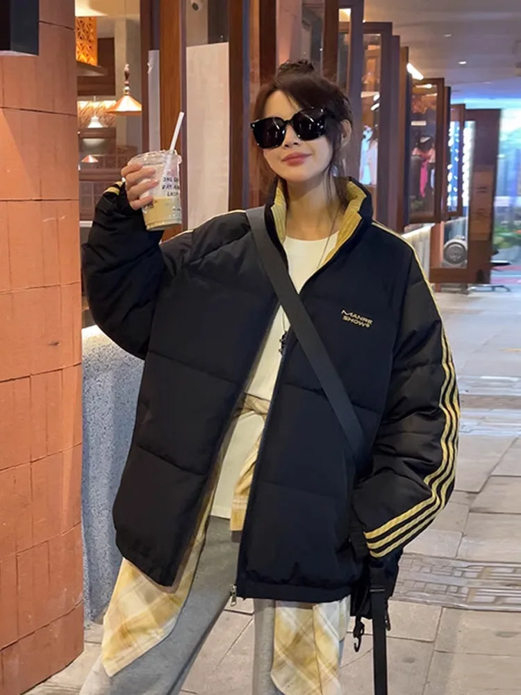 

Thiened Stand Collar down Cotton Jaet for Men Winter Warm Faionable Striped Bread Sle Coat Couples Outerwear
