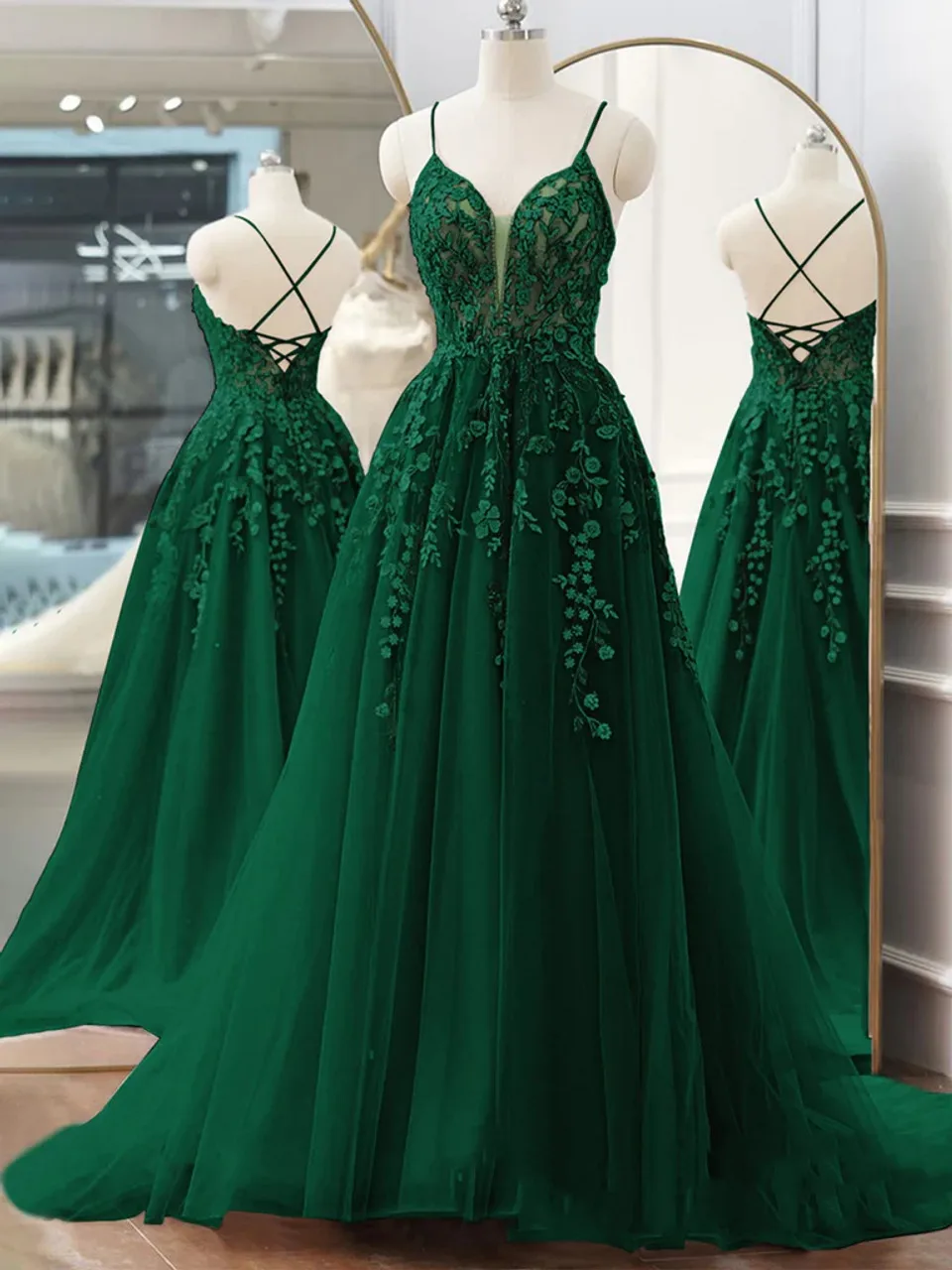 Vestidos de graduación verdes con Apliques de encaje con cuentas, tirantes finos, cuello en V, tren de barrido largo, Espalda descubierta, vestidos de noche de fiesta formales hechos a medida