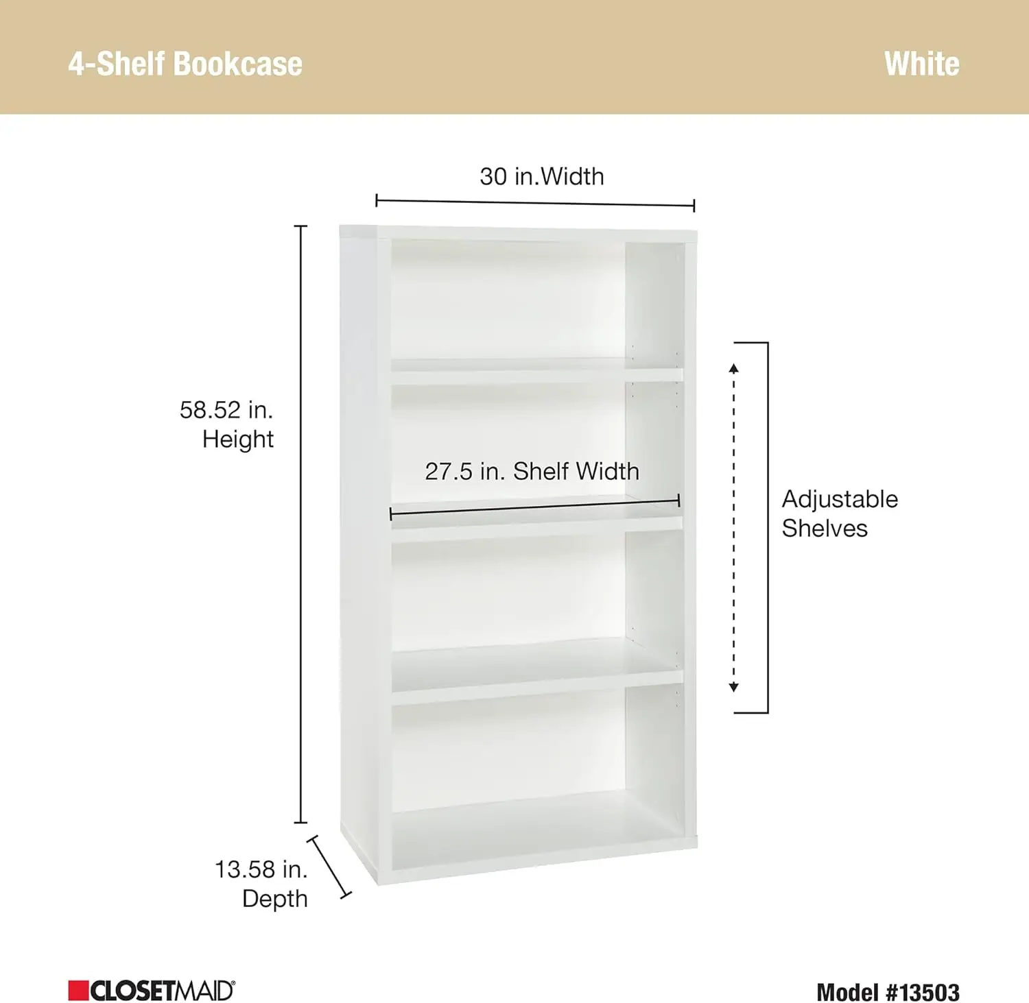 ClosetMaid Bookshelf with 4 Shelf Tiers, Adjustable Shelves, Tall Bookcase Sturdy Wood with Closed Back Panel, White Finish