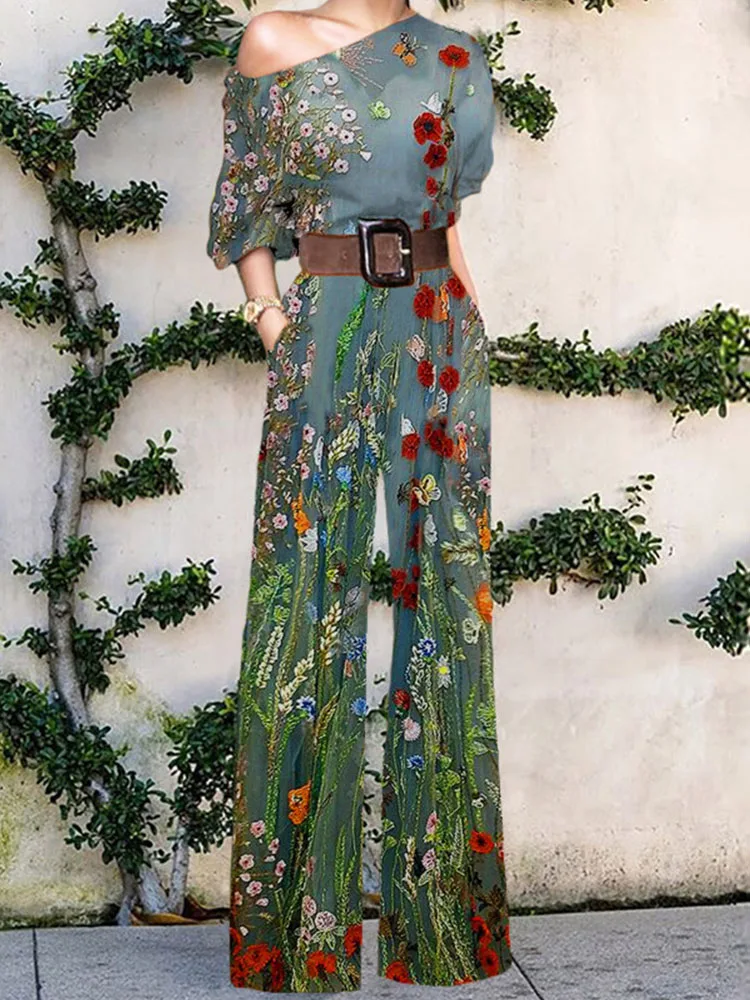 2022 Summer Elegant Pattern Print Party Jumpsuit Lady Sexy Off Shoulder Romper Women New Fashion Wide Leg Pant Playsuit Overalls