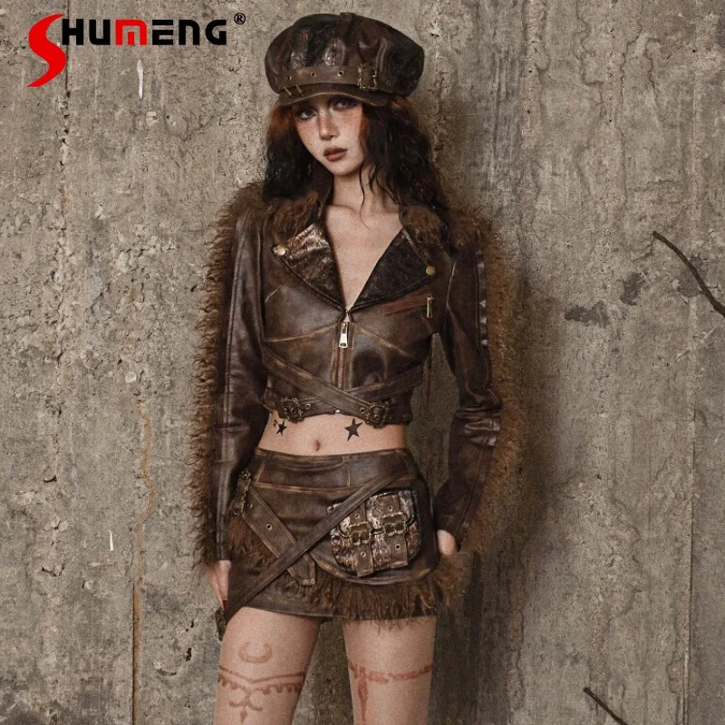 2024 Winter Warm Zipper Slimming Jacket Distressed Hot Girl Locomotive Short Pu Leather Coat Women's Clothing Chaquetas De Mujer