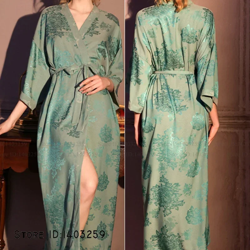 Chinese Style Jacquard Long Robe Nightgown Spring Summer Half Sleeve Kimono Bathrobe Gown Loose Casual Satin Sleepwear Homewar