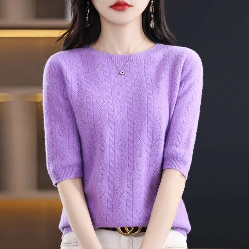 

Summer new half-sleeve blouse female 100% solid color sweater round neck cropped sleeve sweater hollow pullover