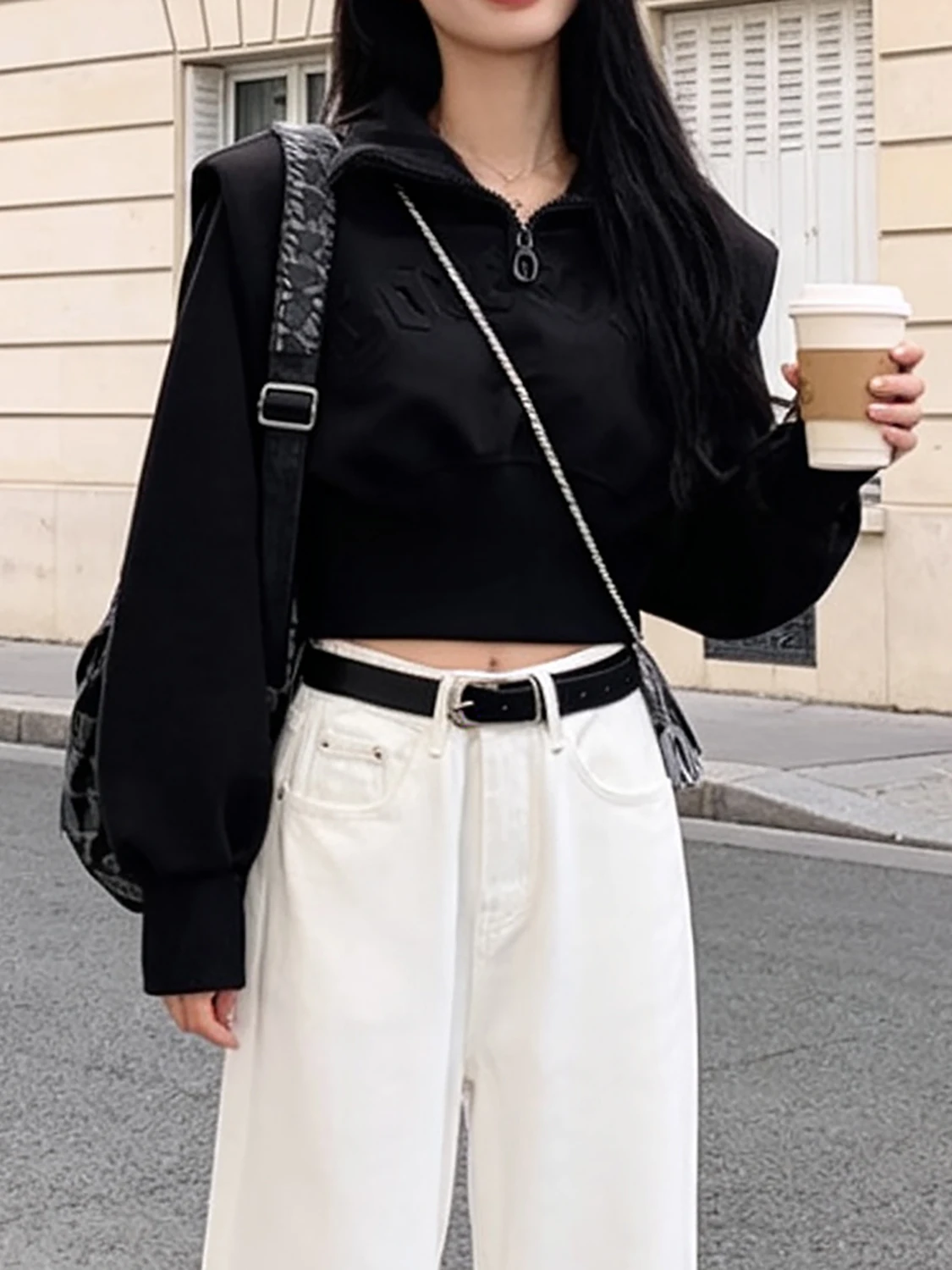 

Slim Fit Long Sve Ne Sweatirt Women's Winter New Sle Small Size Waist Cinched Bla And Red Casual ort Top