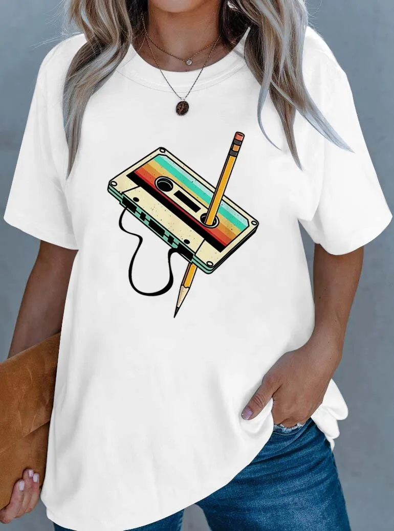 

Plus Size Creative Cassette And Pencil Fusion Elegant Stylish Apparel