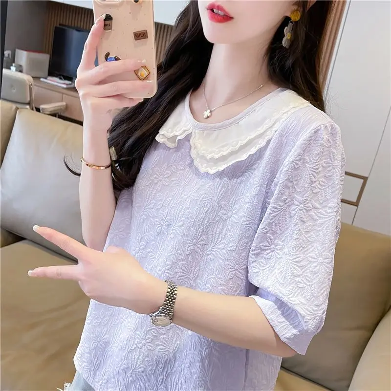 DAYIFUN-New Tshirts Women's,Sweet,Unique Versatile Bubble Sleeve Tops,Tees 2024 Summer,Korean Doll Neck,Short Sleeve T-shirts