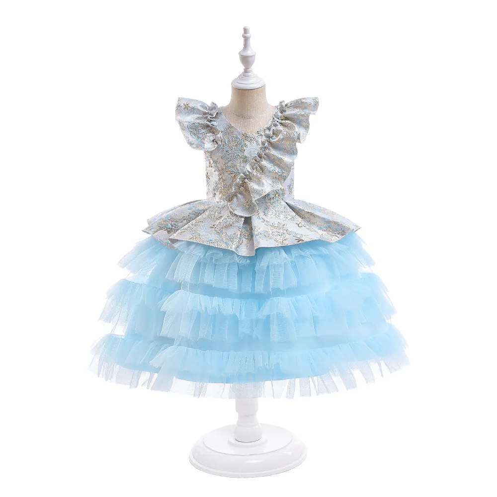 

3-10 Years Blue Sequin Party Ball Gown For Elegant Girls Kids Birthday Wedding Puffy Dress Teens Fashion Clothes Evening Clothes