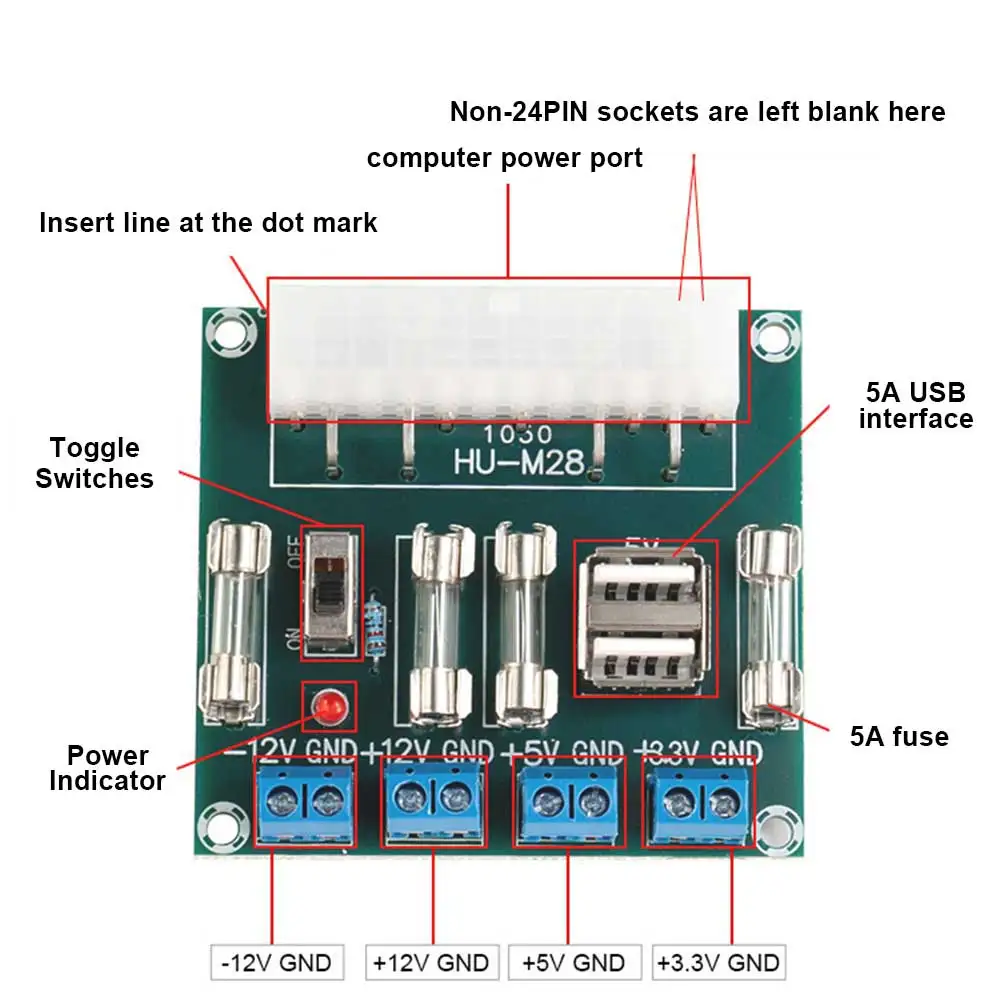 24 Pin Desktop ATX Power Board Computer ATX Breakout Transfer Board Outlet Adapter Extension Module Power Supply