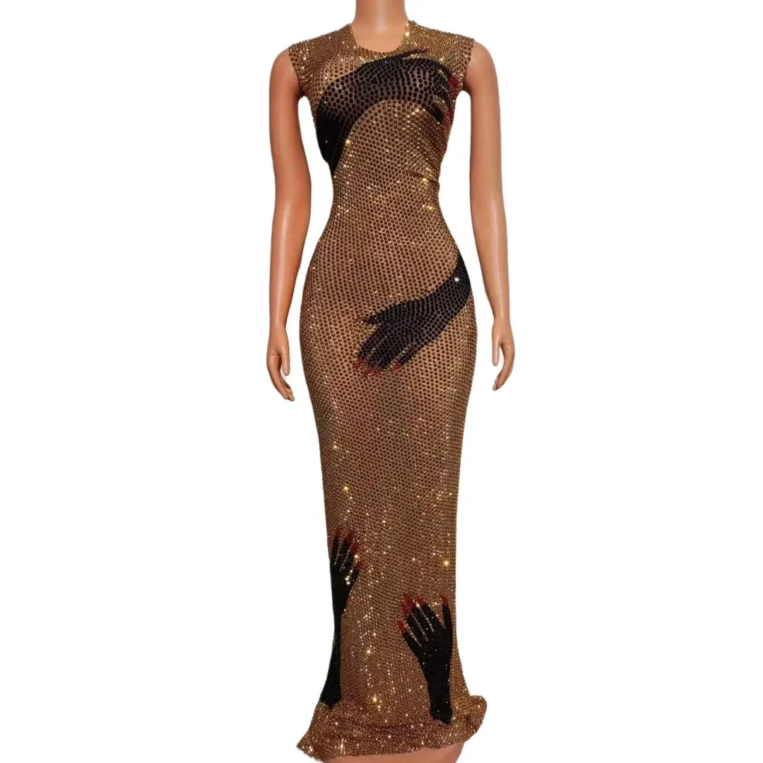 

Luxury Sparkly Full Rhinestone Sleeveless Long Dress For Women Stretch Black Hand Style Flash Drag Queen Outfit Singer Outfit