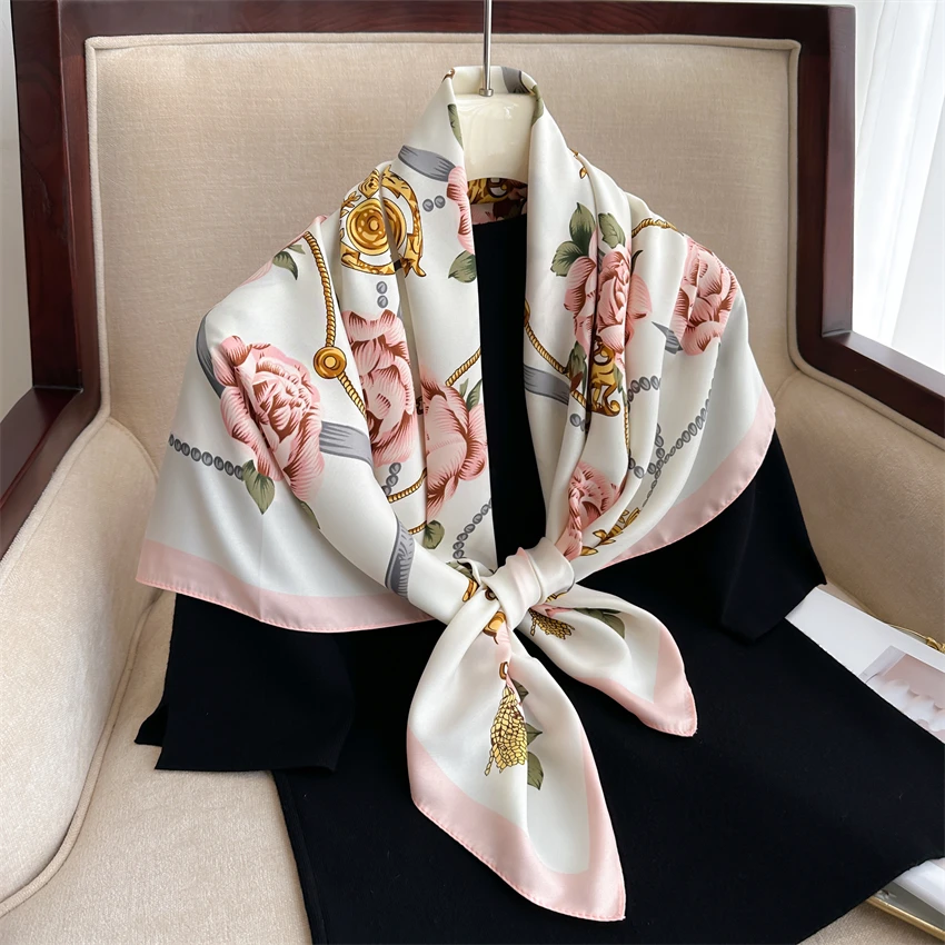 Design Floral Print Wraps Stoles New Twill Square Silk Scarf for Women Hijab Foulard Headband Fashion Lady Shawl Bandana 2024