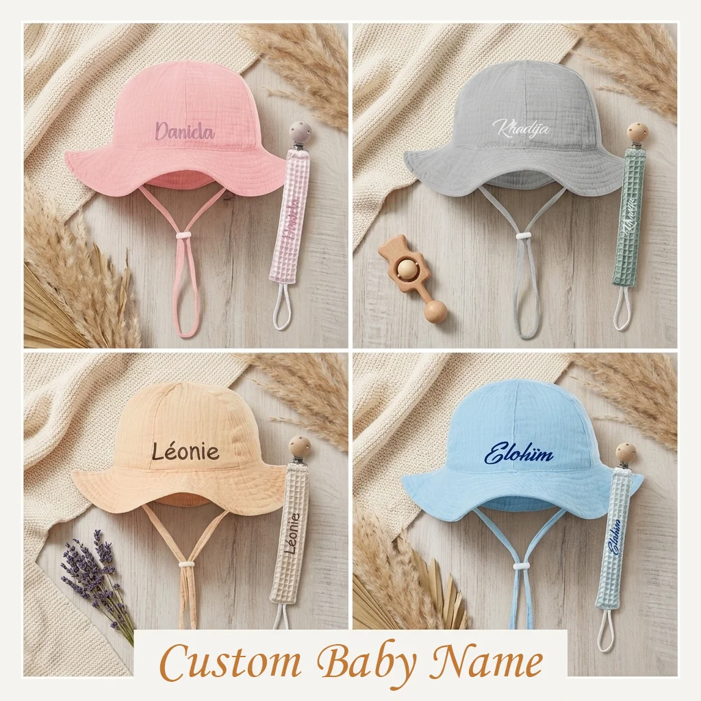 2Pcs Personalized Name Baby Hat and Fabric Pacifier Clip Set Organic Cotton Adjustale Sun Hat Embroiered Name Baby Shower Gift