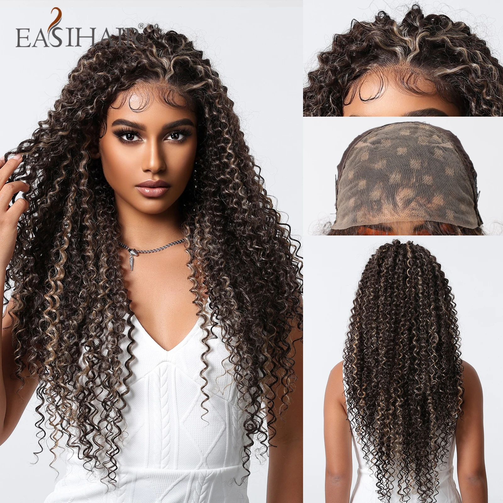 

26Inch Deep Wave Lace Frontal Wig 13x6 Synthetic Lace Wigs Black with Brown Highlight Curly Daily Use Lace Hair Wig For Women