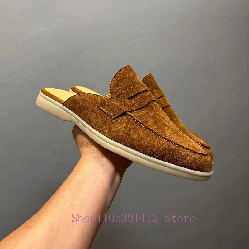 Old Money Style Sheep Suede Mules Men Round-Toe Fashion Slippers Slip-On Casual Premium Genuine Leather Summer Shoes