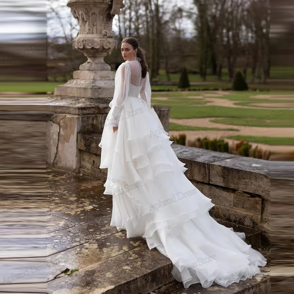 ชุดแต่งงานทรงเอไลน์ผ้าออร์แกนซ่า แขนพองยาว สำหรับงานเลี้ยงอย่างเป็นทางการ ชุดเจ้าสาวแบบสั่งตัด ปี 2026