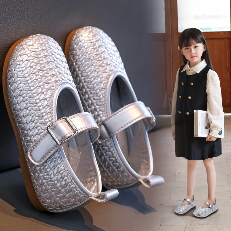

Fashion Girls Simple Braided Flat Shoes Soft Children Leather Shoes Princess Style Kids Causal School Shoes Round-toe Versatile