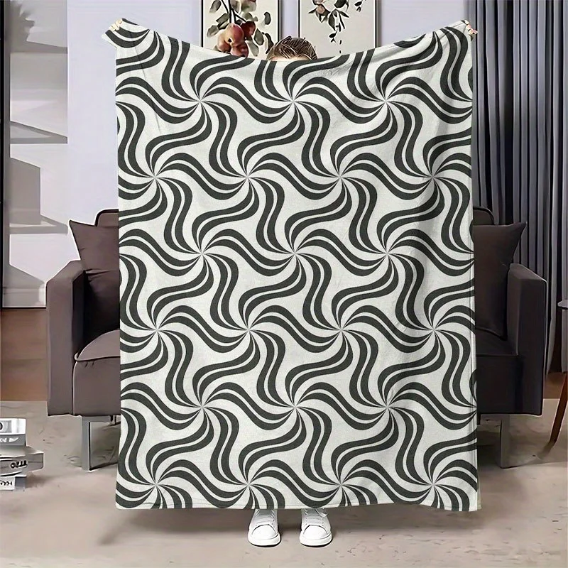 Minimalist Wavy Stripe Fleece Blanket, Retro Continuous Curve Pattern Cozy Cover for Living Room Office Rest Indoor Outdoor Use