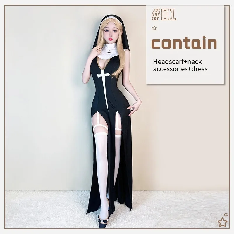 Moda sexy bonito preto freira vestido traje halloween masquerade festa irmã traje role play desempenho traje conjunto 2025