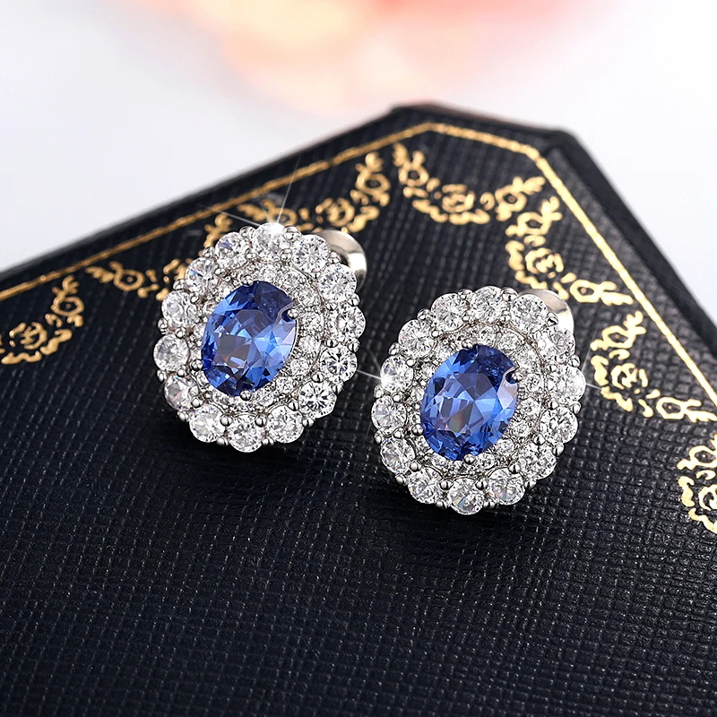 Huitan Noble Women's Stud Earrings with Blue Cubic Zirconia Wedding Anniversary Party Elegant Lady Accessories Fashion Jewelry