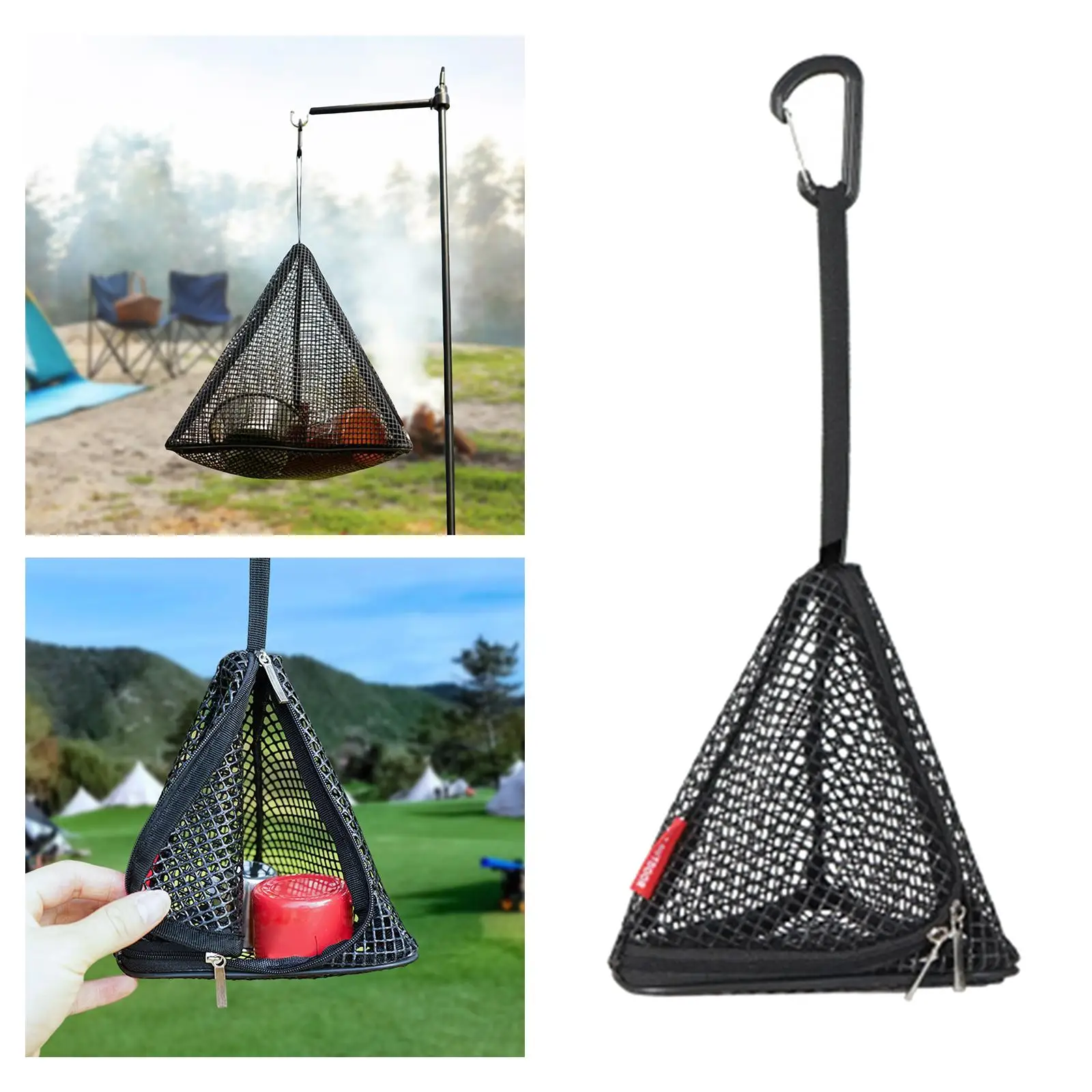 Camping Hanging Triangle Mesh Bag Foldable Drying Net Storage Basket With Double Zipper And Carabiner For Outdoor Activities