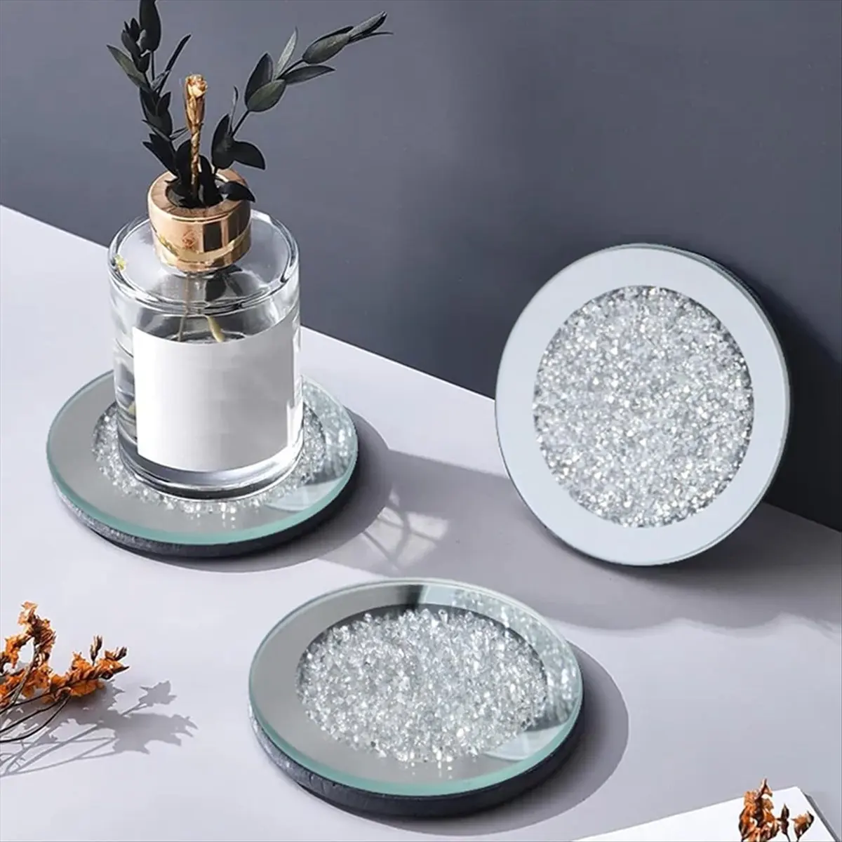 Crushed Decoration Glass Coaster Coasters, Crystal Mirrored Coasters Glitter Crushed Decoration 6pcs