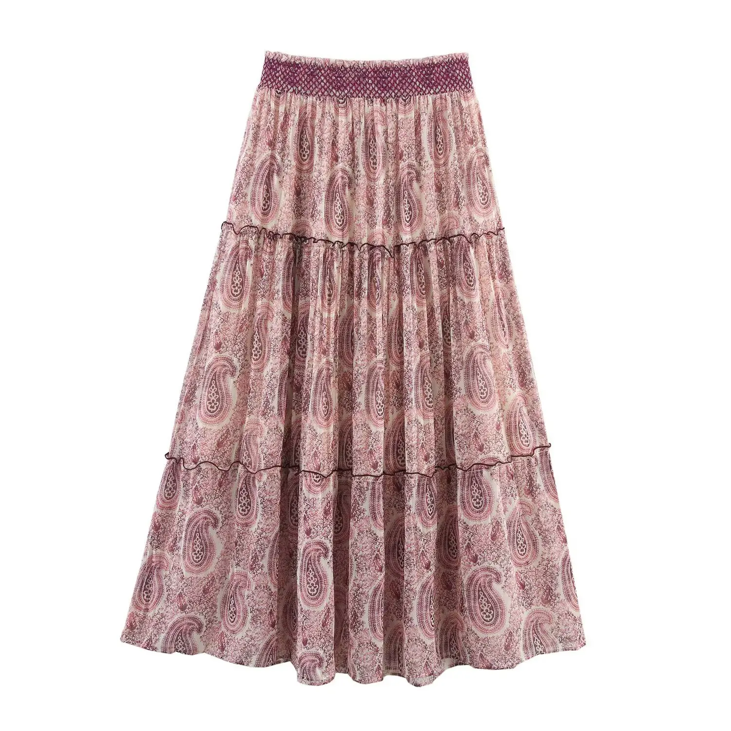 

2025 High End Women's Elegant Street Skirt New Women's Summer MIDI Skirt Fashion Retro Printed Elastic Waist Loose Skirt