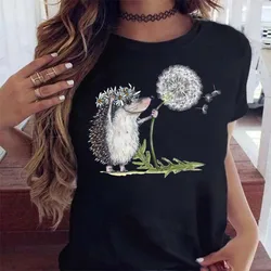 Cotton 100% Women's Short Sleeve Explosive Hedgehog Print Fashion Crew Neck T-shirt Oversized T Shirt Aesthetic Clothes Tops